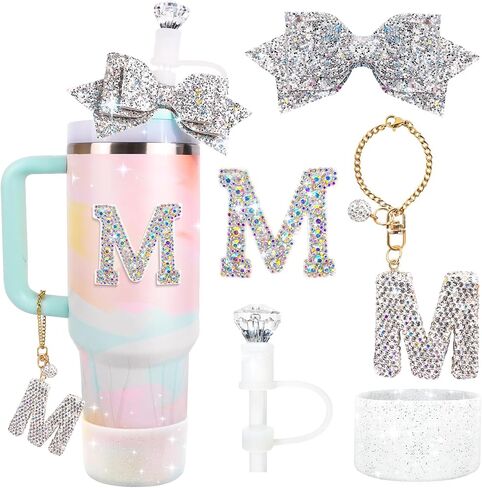 Water Bottle Accessories Set for Stanley Cup 30&40Oz, Letter Charms, Diamond Straw Topper, Glitter Silicone Boot & Sticker, Bow Straw Cover in Saudi Arabia