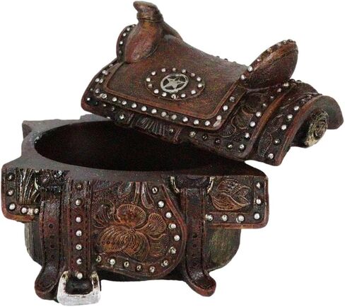 Ebros Gift Rustic Western Faux Tooled Leather Rustic Western Cowboy Lone Star Horse Saddle with Silver Studs Decorative Jewelry Trinket Box Figurine Accent in Saudi Arabia