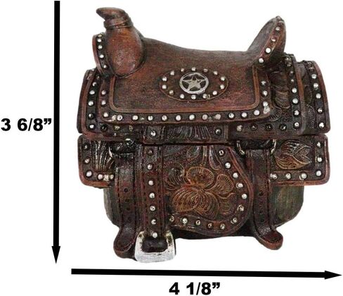 Ebros Gift Rustic Western Faux Tooled Leather Rustic Western Cowboy Lone Star Horse Saddle with Silver Studs Decorative Jewelry Trinket Box Figurine Accent in Saudi Arabia