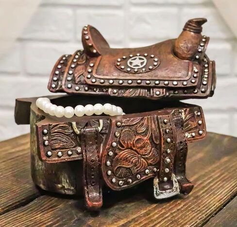Ebros Gift Rustic Western Faux Tooled Leather Rustic Western Cowboy Lone Star Horse Saddle with Silver Studs Decorative Jewelry Trinket Box Figurine Accent in Saudi Arabia