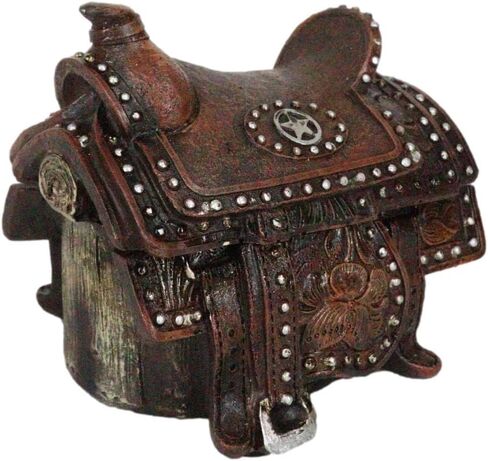Ebros Gift Rustic Western Faux Tooled Leather Rustic Western Cowboy Lone Star Horse Saddle with Silver Studs Decorative Jewelry Trinket Box Figurine Accent in Saudi Arabia