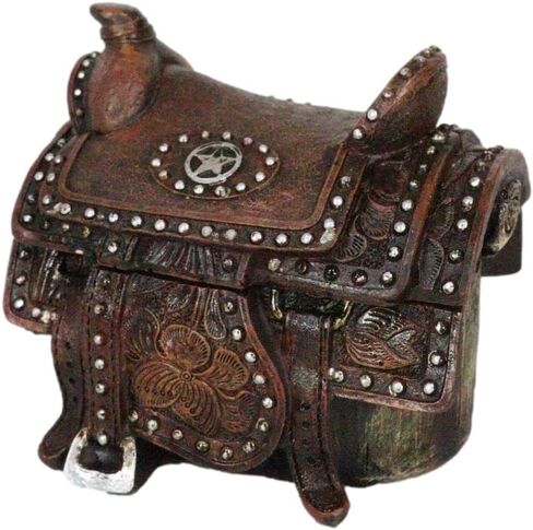 Ebros Gift Rustic Western Faux Tooled Leather Rustic Western Cowboy Lone Star Horse Saddle with Silver Studs Decorative Jewelry Trinket Box Figurine Accent in Saudi Arabia