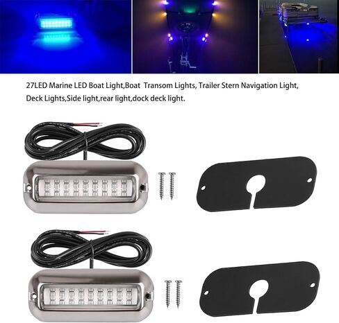 قطعتان من ضوء القارب LED البحري، IP68 مقاوم للماء 27 LED أضواء سطح داخلية للقارب، ضوء LED للقارب العائم، ضوء الملاحة الصارم، ضوء مقطورة القارب، 1200LM، 10-24 فولت (أزرق) in Kuwait