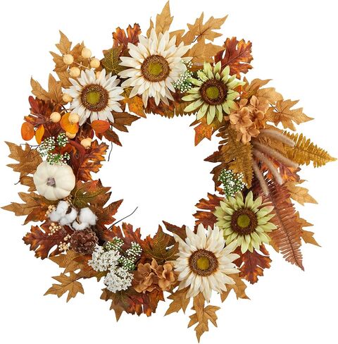 Nearly Natural 30in. Autumn Sunflower, White Pumpkin and Berries Artificial Fall Wreath in Saudi Arabia