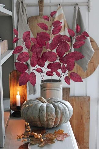 3PCS Artificial Fall Leaves Stems 29.5'' Fall Foliage Branches Autumn Salal Leaves Spray for Home Kitchen Farmhouse Thanksgiving Table Centerpiece Mantle Room Décor(Burgundy) in Saudi Arabia