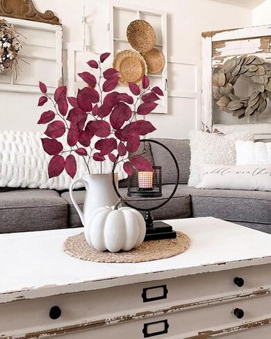 3PCS Artificial Fall Leaves Stems 29.5'' Fall Foliage Branches Autumn Salal Leaves Spray for Home Kitchen Farmhouse Thanksgiving Table Centerpiece Mantle Room Décor(Burgundy) in Saudi Arabia