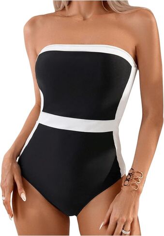 ملابس سباحة نسائية من OYOANGLE قطعة واحدة من Colorblock Bandeau ملابس سباحة أنبوبية بدون حمالات متباينة in Saudi Arabia