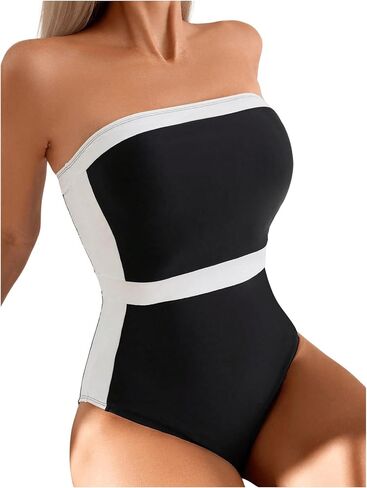 ملابس سباحة نسائية من OYOANGLE قطعة واحدة من Colorblock Bandeau ملابس سباحة أنبوبية بدون حمالات متباينة in Saudi Arabia