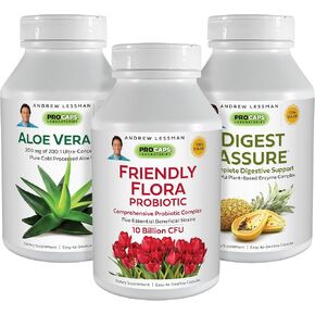 ANDREW LESSMAN Complete Digestion Kit – 540 Capsules – 3-Product Bundle: 180 Capsules Each of Digest Assure, Aloe Vera-200 and Friendly Flora Probiotic, for Targeted Support to The Digestive System