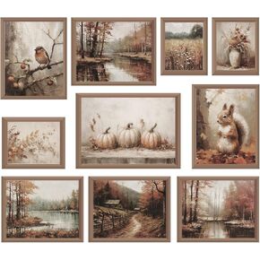 Whaline 10Pcs Fall Vintage Wall Art Prints Retro Autumn Scenery Paper Posters Rustic Landscape Picture Decoration for Gallery Living Room Office, Unframed