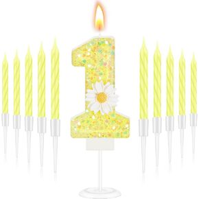 MTLEE Yellow Number 1 Candle Daisy Flower Themed Birthday Candles Sunflower 1 Candle for First Birthday with 10 Long Thin Cupcake Candle for Girl Baby Shower Anniversary Wedding Party Supplies Decor