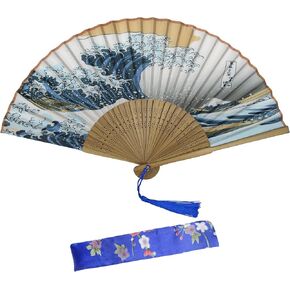 Hand Fans for Women Japanese Folding Fan Wave Off Kanagawa Foldable Handheld Fan Bamboo Silk Manual Fan Asian Hand Held Ladies Fan with Tassel and Protection