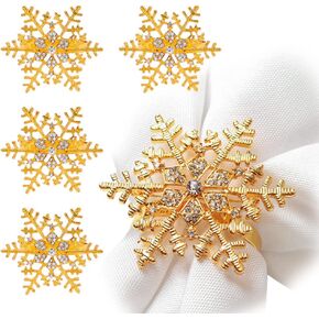 Set of 4 Gold Christmas Rhinestone Napkin Rings Holders with Snowflake Design for Birthday Parties, Weddings, New Year's, Xmas, Thanksgiving, Hotel, Banquet Serviette Table Decoration