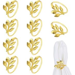 Gold Napkin Rings Set of 10 Metal Leaf Napkin Rings Holders Elegant Fall Thanksgiving Christmas Serviette Buckles Metallic Adornment for Dinner Table Decor, Wedding, Banquet, Party, Easter