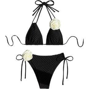 SHENHE Women's Halter Swimsuits 2 Piece 3D Flower Bikini Set Triangle Tie Bathing Suit