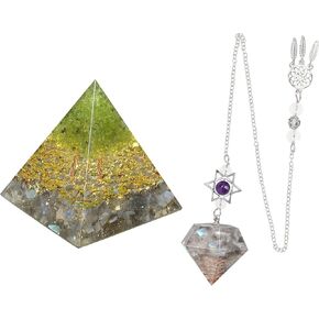 mookaitedecor Peridot Tree of Life Orgone Pyramid & Crystal Pendulum Set, Orgonite Energy Generator Stone Chips Points for Meditation Balancing, Amethyst