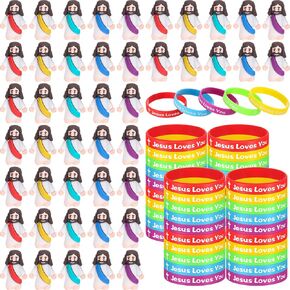 Barydat 100 Pcs Jesus Toys 50 Mini Jesus Figurines Little Jesus Figures 50 Jesus Loves You Silicone Wristbands Rubber Bracelets Baby Jesus Christ Savior for Hide Sunday School Religious Baptism Gift