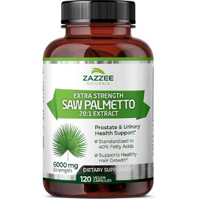 Zazzee Extra Strength Saw Palmetto 20:1 Extract, 6000 mg Strength, 40% Fatty Acids, 120 Vegan Capsules, 4 Month Supply, Concentrated and Standardized 20X Extract, Non-GMO, All-Natural, Made in the USA