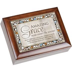 Cottage Garden Amazing Grace Walnut Wood Finish Jeweled Music Box Plays Tune Amazing Grace