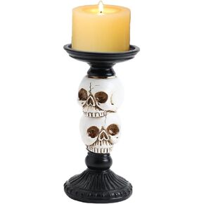 Skull Candlestick Holder for Halloween Decoration, Raven Skull Skeleton Spooky Decor Pillar Candle Holder, Antique Creepy Skeleton Black Taper Candle Holders for Halloween Christmas