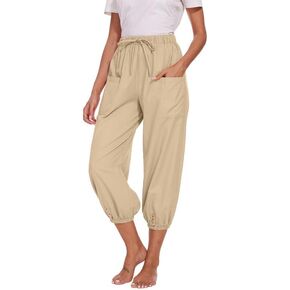 Women's Cropped Capri Pants Elastic Waist Drawstring Yoga Pant Lounge Baggy Trousers Capris Pants with Pockets