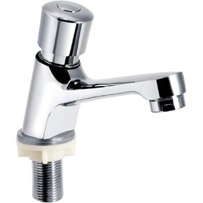 Water Saving Time Delay Faucet, Public Ktchen Bathroom Chrome Plated Self Closing Basin Sink Tap Water Saver Faucet for Home or Outdoor Single Cold