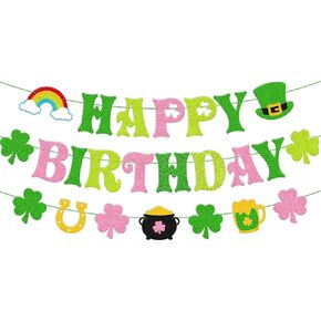 St. Patrick’s Day Happy Birthday Banner Shamrock Lucky One Two Lucky Four Leaf Clover Theme Party Decorations for Kids Boy Girl Irish Saint Patrick’s Bday Party Supplies(Green)