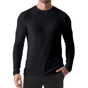 JMIERR Mens Casual Long Sleeve Lightweight T-Shirt Slim Fit Knit Crew Neck Stretch Ribbed Undershirts for Men, US38(S), Black