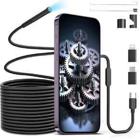 Endoscope Camera with Light, Moman EOM1 Borescope with 8 Adjustable LEDs 9.84ft Semi-Rigid Snake Cable IP67 Waterproof, Pipe Inspection Camera 3 Adapters for iPhone iPad iOS Android