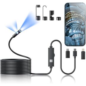 Borescope with Dual Cameras for Multiple Repair Scenarios, 16.4 ft (5 m) Semi-Rigid Cable, 8+1 LED Lights, IP67 Waterproof Rating, Compatible with iOS and Android, Auto Repair Tools, Black in Saudi Arabia