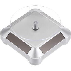 HARFINGTON Solar Display Stand Turntable 3.54" Plate Dia Battery Double Use 360° Two-Way Rotating ABS Plastic Automatic Revolving Display for 3D Print Jewelry Displaying, Silver Tone