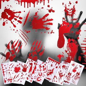 9pcs Halloween Bloody Stickers, Scary Halloween Window Decals Clings Bloody Footprints Handprint Blood Stain Sticker Decorations for Halloween Party Wall Floor Window Decors