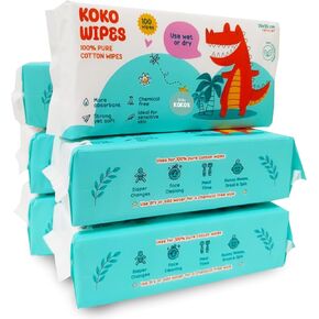 Koko Wipes Unscented Baby Wipes, 600 Count, 100% Cotton Dry Wipes, Super Absorbent & Hypoallergenic for Sensitive Skin, Use Wet or Dry, Ideal for Diaper Changes, Travel Size Wipes for Adults & Babies