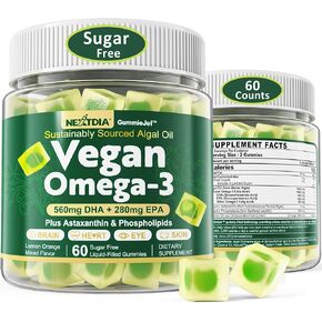 Vegan Omega 3 Gummies 1000mg, from Marine Algae Oil, Fish Oil Alternative Omega 3 Supplement w/DHA 560mg, EPA 280mg, Natural Astaxanthin, Phospholipids for Brain, Eye, Skin, Joint, Sugar Free, 60 Cts