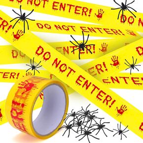 Halloween Decorations Caution Tape with Spider Webs 20 Extra Fake Spiders, Do Not Enter Yellow Scary Caution Tape Roll Hazard Warning Tape for Halloween Decor Indoor and Outdoor
