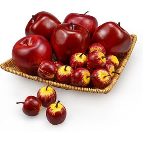 15 Pcs Artificial Apples, Fake Red Apples Fruits Simulation Realistic Fake Apple Prop Decorative Dining Table Basket Faux Apples Decor Kitchen (5pcs Dark Red Apples+10pcs Mini Apples)