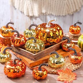 Lenwen 12 Pcs Artificial Disco Pumpkin Glitter Mirror Pumpkin Fall Farmhouse Hanging Ornament Harvest Pumpkin Decoration for Thanksgiving Decorating Table Centerpiece(Sliver)