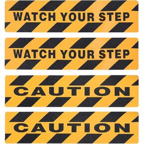 Caution Watch Your Step Floor Decals Stickers, Abrasive Adhesive Anti-Slip Warning Signs, Black and Yellow Non Skid Grip Tape for Stairs Workplace Home Safety, 6x24, 4 Pack