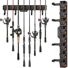 Hikeen Fishing Rod Holders, Wall Mounted Fishing Rod Rack, Fishing Pole Holder Holds Up to 8 Rods or Combos, Fishing Rod Holders for Garage with 4 Hooks, Fits Most Rods of Diameter 3-24mm