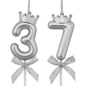 37 73 Birthday Candles, 37th 73rd Cake Candles, Silver Happy Birthday Number 37 73 Candles Cake Topper Decorations for Party Men Women