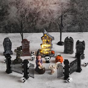 Soaoo 25 Pcs Halloween Miniature Accessories Light up Haunted House Tombstones Gargoyle Fence Witch Pumpkin Figurines Ravens Branch Trees Skulls for Halloween Garden Decor Village Collections