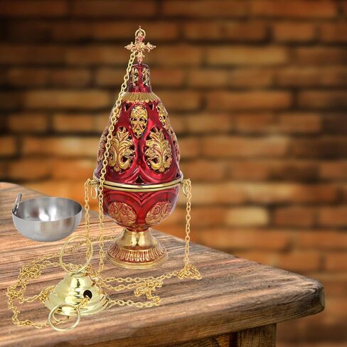 Ornate Red Brass Censer, Hanging Incense and Charcoal Burner, Catholic Church Supplies, 36.5 Inches in Saudi Arabia