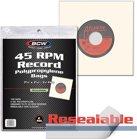 BCW Resealable 7-Inch Vinyl Record Bags - 100 Pack | Archival Safe Polypropylene Sleeves for Single LPs | Acid-Free with Resealable Strip & Flap Record Bag | 45 RPM Record Protective Bags in Saudi Arabia