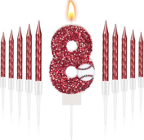 mtlee البيسبول عيد ميلاد رقم 8 شمعة مع 10 طويلة رقيقة كب كيك شمعة حمراء البيسبول كعكة توبر الترتر الرياضة موضوع البيسبول زينة عيد ميلاد حزب كعكة الشموع لاحتفالات الذكرى السنوية in Saudi Arabia