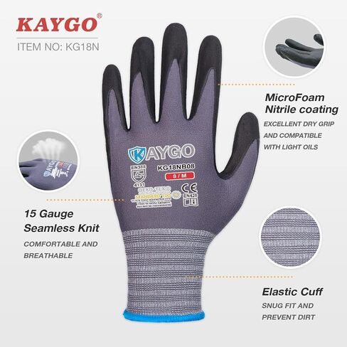 KAYGO Safety Work Gloves MicroFoam Nitrile Coated-3 Pairs, KG18NB,Seamless Knit Nylon Glove with Black Micro-Foam Nitrile Grip,Ideal for General Purpose,Automotive,Home Improvement, Large, Grey in Saudi Arabia