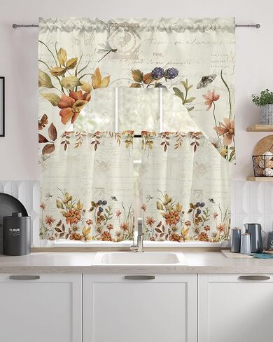 Botanical Leaves Swag Kitchen Curtain Sets with Valance,3 Pieces Rod Pocket Curtain Drapes for Bedroom Bathroom Cafe Windows,Wildflower Herb Plant Vintage Dragonfly 56''x36''&24''x27.5''x2Panels in Saudi Arabia