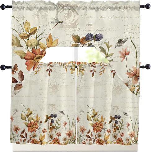 Botanical Leaves Swag Kitchen Curtain Sets with Valance,3 Pieces Rod Pocket Curtain Drapes for Bedroom Bathroom Cafe Windows,Wildflower Herb Plant Vintage Dragonfly 56''x36''&24''x27.5''x2Panels in Saudi Arabia