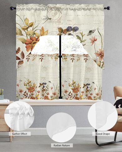 Botanical Leaves Swag Kitchen Curtain Sets with Valance,3 Pieces Rod Pocket Curtain Drapes for Bedroom Bathroom Cafe Windows,Wildflower Herb Plant Vintage Dragonfly 56''x36''&24''x27.5''x2Panels in Saudi Arabia