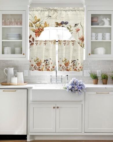 Botanical Leaves Swag Kitchen Curtain Sets with Valance,3 Pieces Rod Pocket Curtain Drapes for Bedroom Bathroom Cafe Windows,Wildflower Herb Plant Vintage Dragonfly 56''x36''&24''x27.5''x2Panels in Saudi Arabia