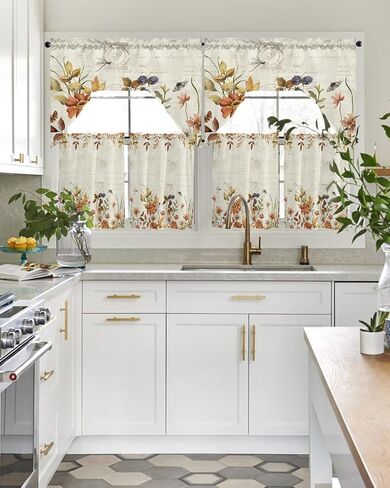 Botanical Leaves Swag Kitchen Curtain Sets with Valance,3 Pieces Rod Pocket Curtain Drapes for Bedroom Bathroom Cafe Windows,Wildflower Herb Plant Vintage Dragonfly 56''x36''&24''x27.5''x2Panels in Saudi Arabia